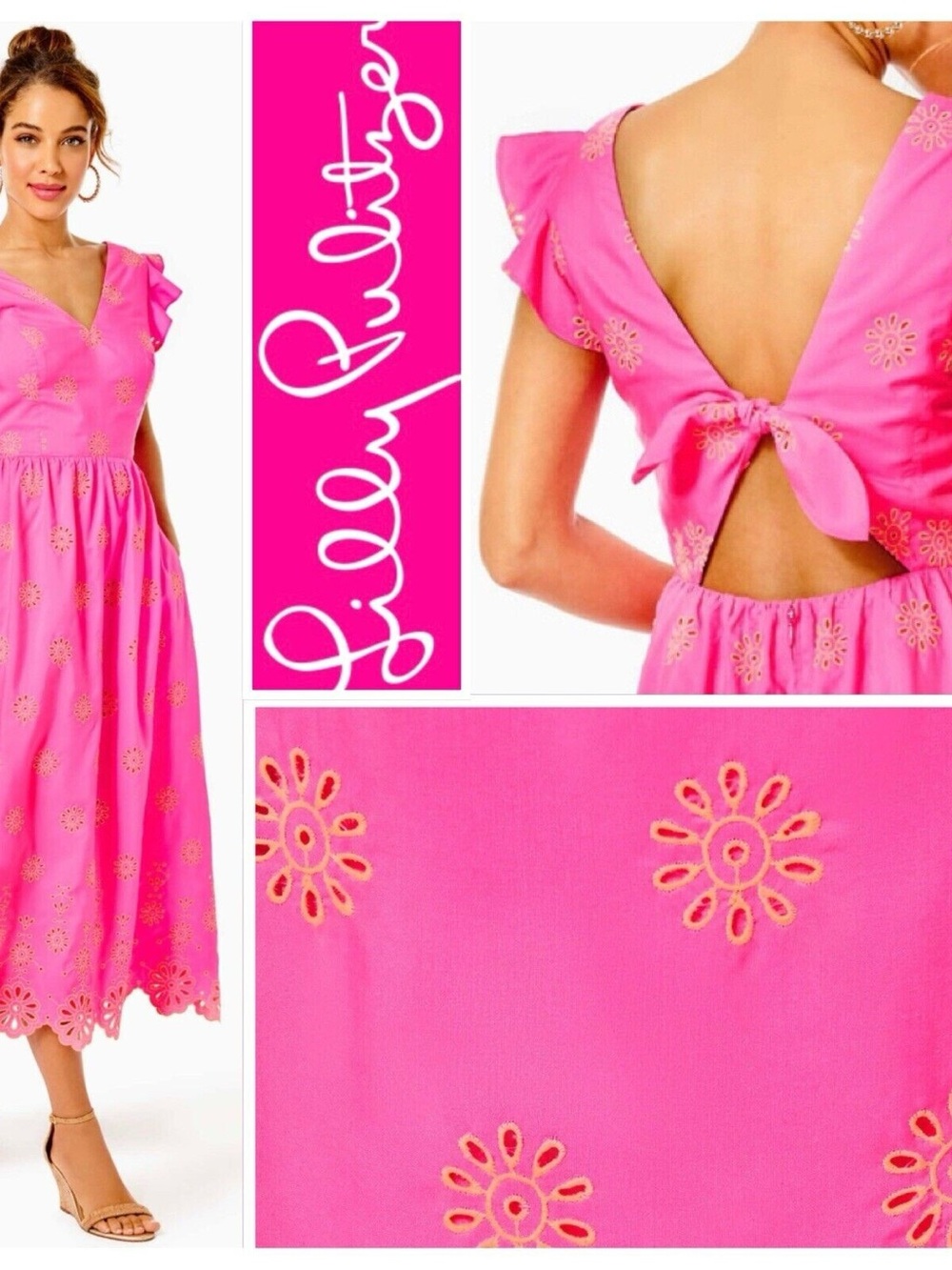 Lilly Pulitzer Hot Pink Eyelet Midi Dress with Back Tie